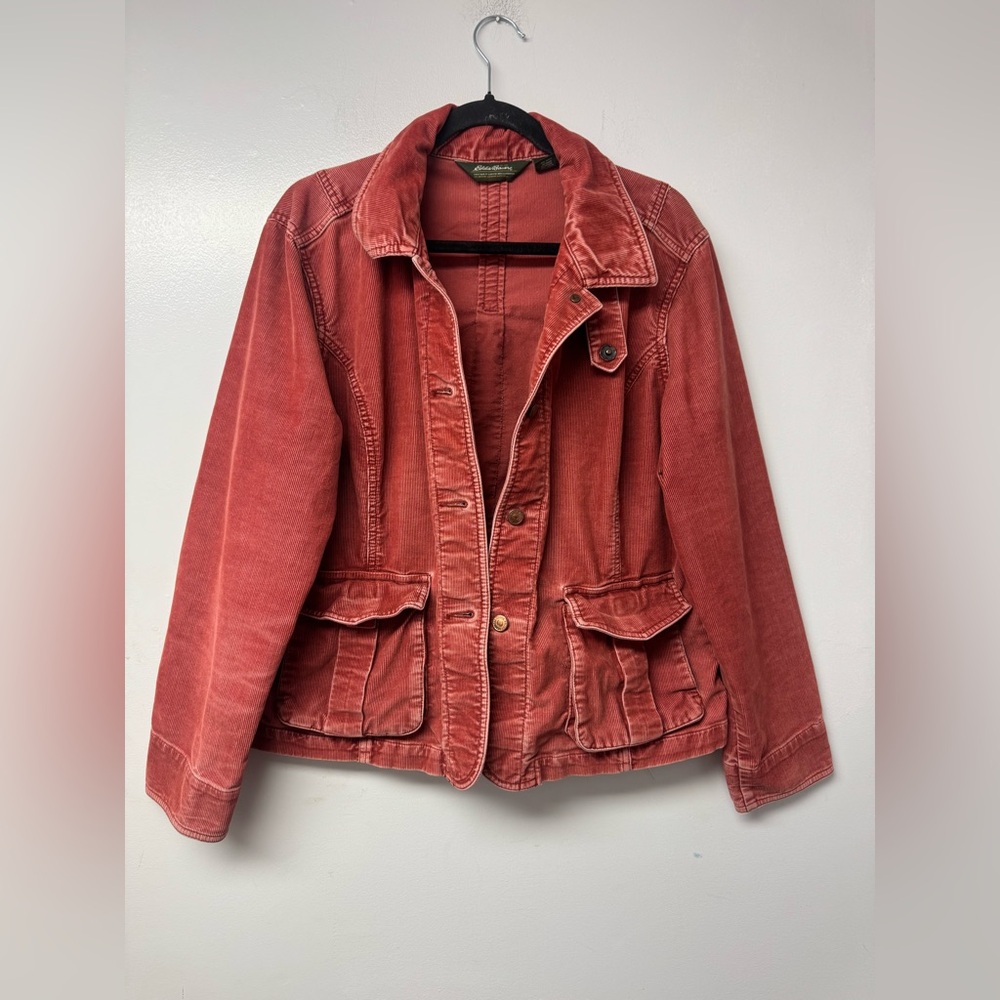 Eddie Bauer XL Rust Corduroy Jacket Cotton Stretch Button Front Pockets Y2K A4 - Picture 2 of 9